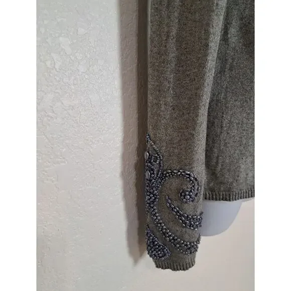 Michael Simon Womens Sz L Henley Sweater Silk Cashmere Gray Embellished Thermal - Picture 3 of 11